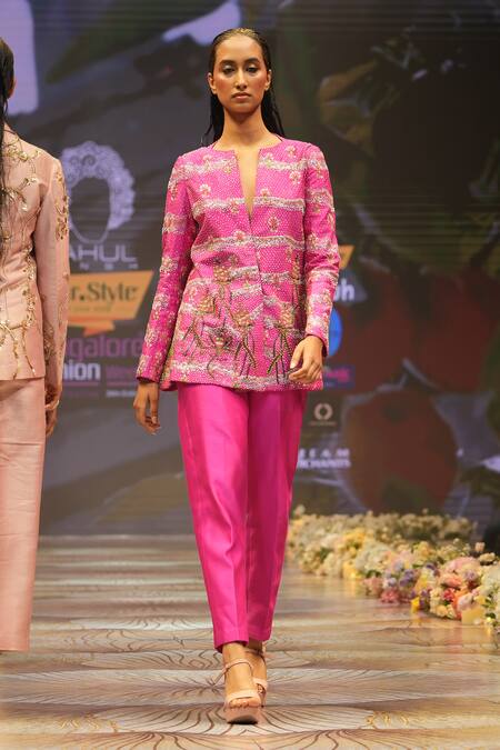 Rahul Singh_Pink Chanderi Silk Sequins, Beads V-neck Floral Hand Embroidered Top With Pant _at_Aza_Fashions