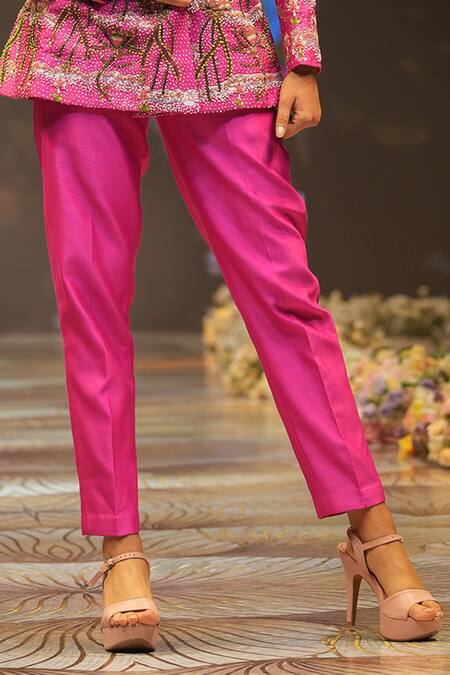 Buy_Rahul Singh_Pink Chanderi Silk Sequins, Beads V-neck Floral Hand Embroidered Top With Pant 