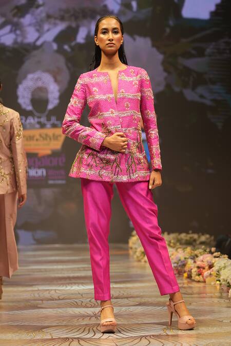 Shop_Rahul Singh_Pink Chanderi Silk Sequins, Beads V-neck Floral Hand Embroidered Top With Pant 