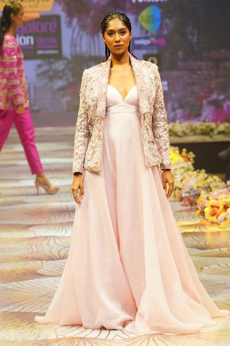 Rahul Singh_Pink Chanderi Silk Sequins, Beads Floral Hand Embroidered Blazer With Gown _Online_at_Aza_Fashions