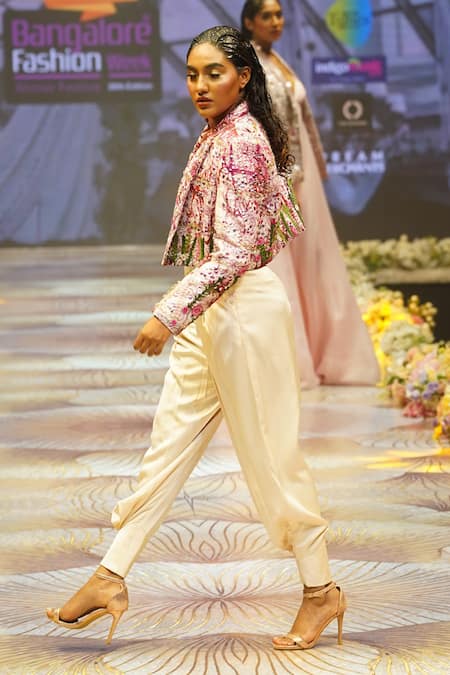 Shop_Rahul Singh_Pink Chanderi Silk Sequins, Beads Floral Garden Embroidered Blazer And Pant Set _Online_at_Aza_Fashions