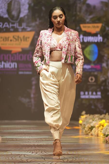 Rahul Singh_Pink Chanderi Silk Sequins, Beads Floral Garden Embroidered Blazer And Pant Set _at_Aza_Fashions