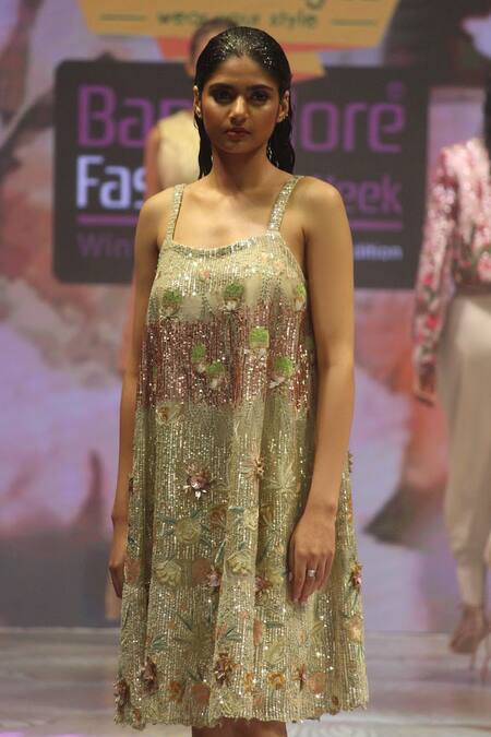 Shop_Rahul Singh_Gold Chanderi Silk Sequins, Beads, Embroidery Square Floral Garden A-line Dress _Online_at_Aza_Fashions