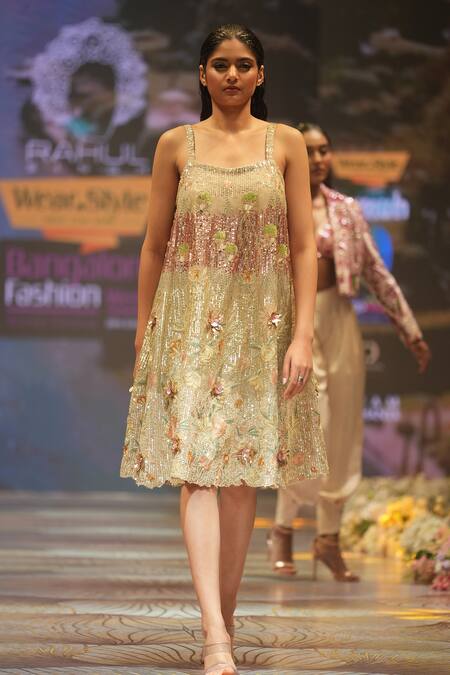 Rahul Singh_Gold Chanderi Silk Sequins, Beads, Embroidery Square Floral Garden A-line Dress _at_Aza_Fashions