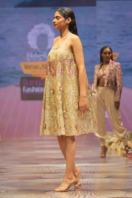 Buy_Rahul Singh_Gold Chanderi Silk Sequins, Beads, Embroidery Square Floral Garden A-line Dress 