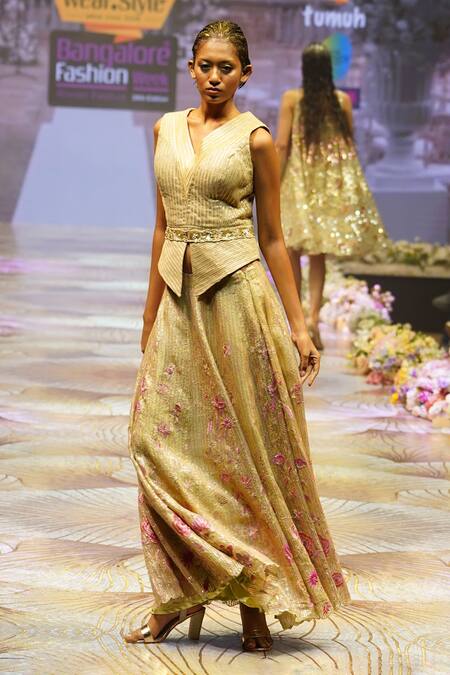 Rahul Singh_Gold Chanderi Silk Sequins, Beads Floral Hand Embroidered Lehenga With Top _Online_at_Aza_Fashions