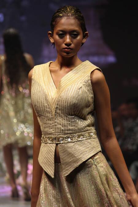 Buy_Rahul Singh_Gold Chanderi Silk Sequins, Beads Floral Hand Embroidered Lehenga With Top _Online_at_Aza_Fashions