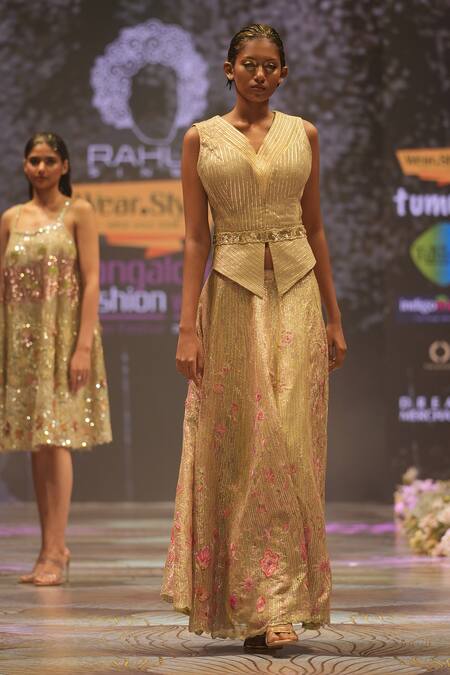 Rahul Singh_Gold Chanderi Silk Sequins, Beads Floral Hand Embroidered Lehenga With Top _at_Aza_Fashions