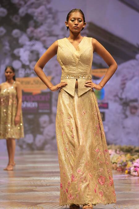 Buy_Rahul Singh_Gold Chanderi Silk Sequins, Beads Floral Hand Embroidered Lehenga With Top 