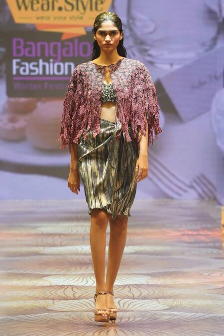 Rahul Singh_Black Chanderi Silk Embroidery Plunge Neck Floral Hand Cape With Skirt Set _Online_at_Aza_Fashions