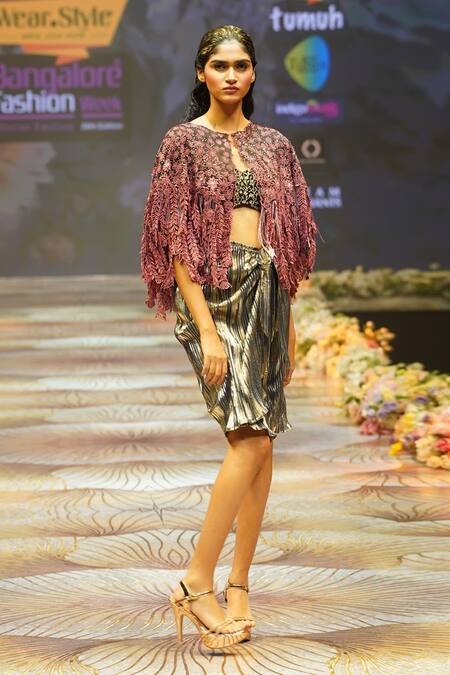 Buy_Rahul Singh_Black Chanderi Silk Embroidery Plunge Neck Floral Hand Cape With Skirt Set _Online_at_Aza_Fashions