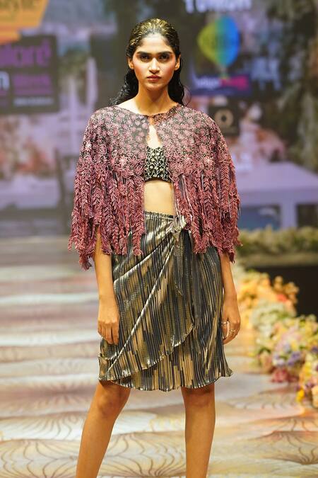 Rahul Singh_Black Chanderi Silk Embroidery Plunge Neck Floral Hand Cape With Skirt Set _at_Aza_Fashions