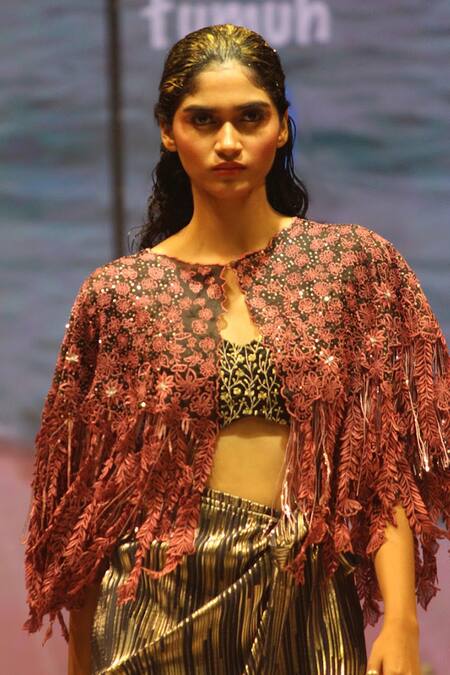 Buy_Rahul Singh_Black Chanderi Silk Embroidery Plunge Neck Floral Hand Cape With Skirt Set 