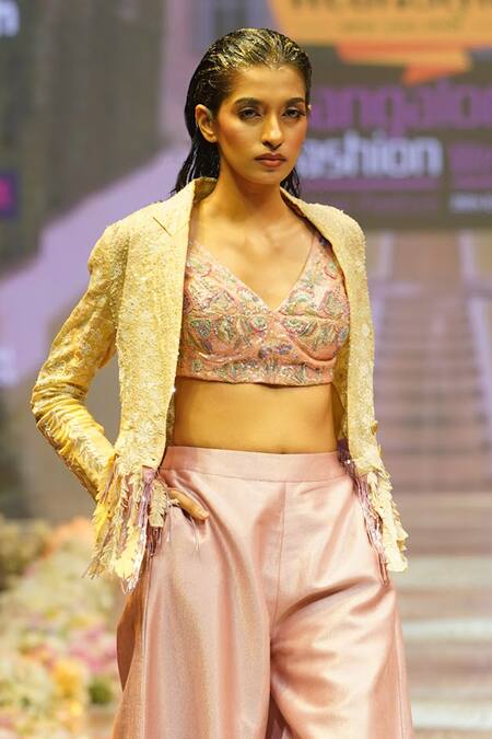Buy_Rahul Singh_Pink Chanderi Silk Sequins, Beads, Floral Blouse And Pant Set With Jacket _Online_at_Aza_Fashions