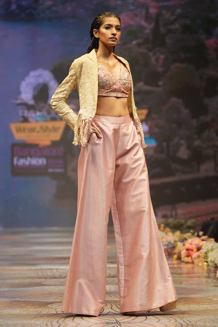 Shop_Rahul Singh_Pink Chanderi Silk Sequins, Beads, Floral Blouse And Pant Set With Jacket _Online_at_Aza_Fashions