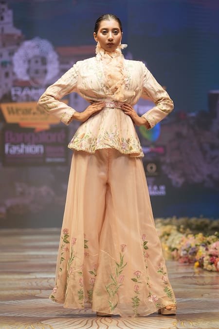 Rahul Singh Peach Chanderi Silk Embroidery Thread Shawl Floral Stripe Jacket And Pant Set 