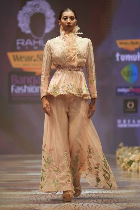 Buy_Rahul Singh_Peach Chanderi Silk Embroidery, Sequins, Beads Floral Stripe Jacket And Pant Set _Online_at_Aza_Fashions