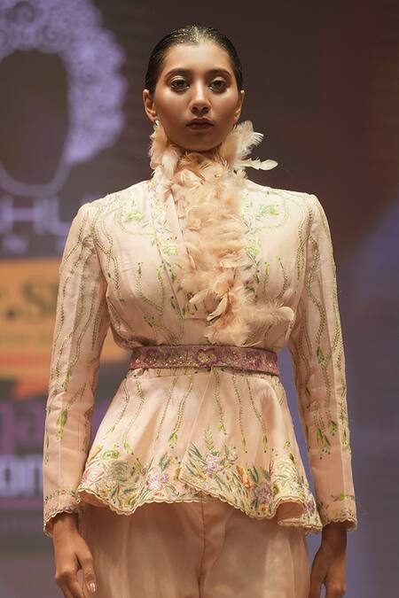 Shop_Rahul Singh_Peach Chanderi Silk Embroidery, Sequins, Beads Floral Stripe Jacket And Pant Set _Online_at_Aza_Fashions