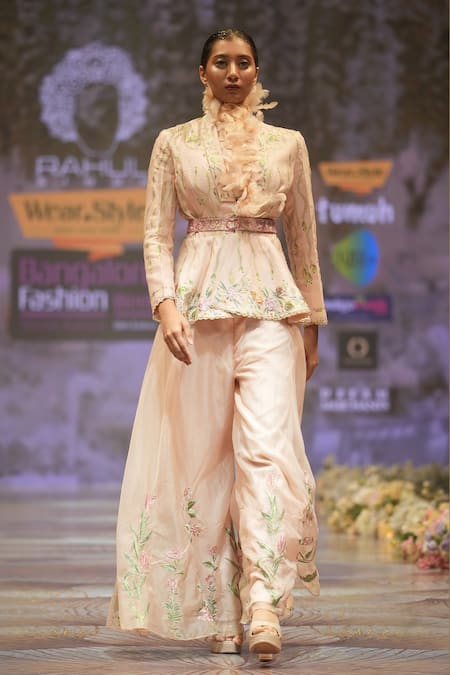 Buy_Rahul Singh_Peach Chanderi Silk Embroidery, Sequins, Beads Floral Stripe Jacket And Pant Set 