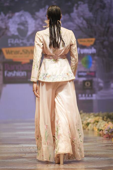 Shop_Rahul Singh_Peach Chanderi Silk Embroidery, Sequins, Beads Floral Stripe Jacket And Pant Set 