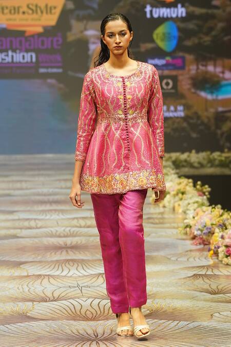 Rahul Singh_Pink Chanderi Silk Sequins Round Neck Embroidered Peplum Kurta And Pant Set _Online_at_Aza_Fashions