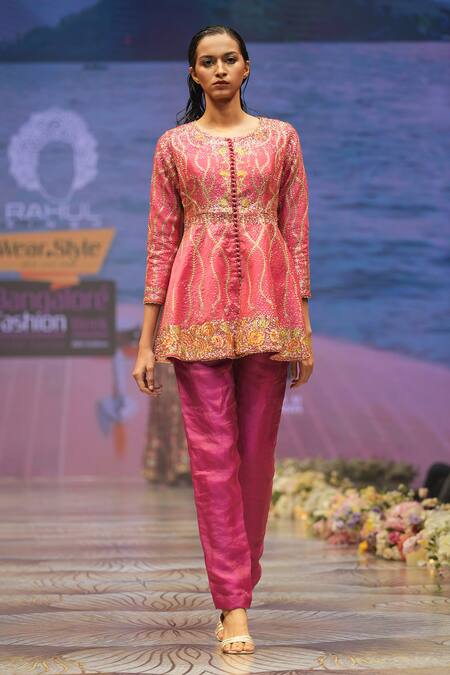 Buy_Rahul Singh_Pink Chanderi Silk Sequins Round Neck Embroidered Peplum Kurta And Pant Set _Online_at_Aza_Fashions