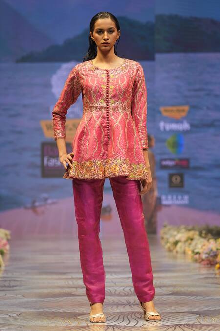 Buy_Rahul Singh_Pink Chanderi Silk Sequins Round Neck Embroidered Peplum Kurta And Pant Set 
