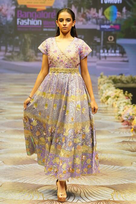 Rahul Singh_Blue Chanderi Silk Sequins, Beads V-neck Floral Embroidered Dress _Online_at_Aza_Fashions