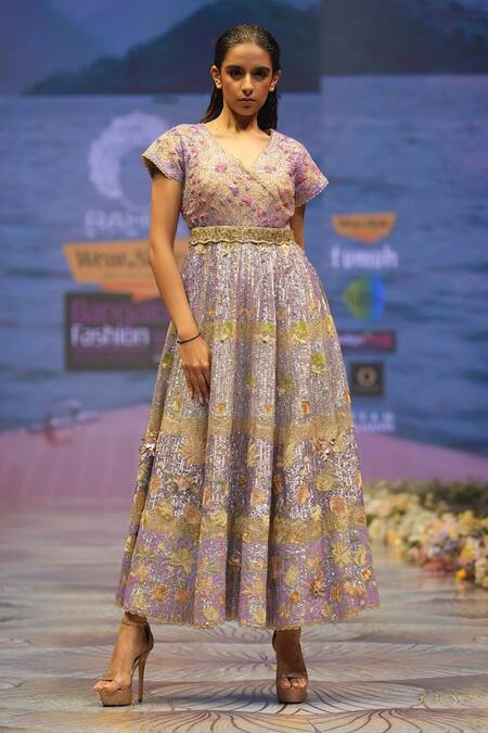 Buy_Rahul Singh_Blue Chanderi Silk Sequins, Beads V-neck Floral Embroidered Dress _Online_at_Aza_Fashions