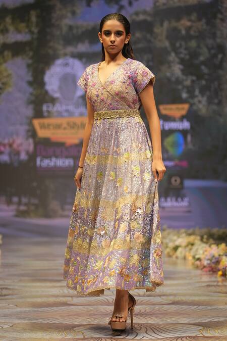 Rahul Singh_Blue Chanderi Silk Sequins, Beads V-neck Floral Embroidered Dress _at_Aza_Fashions