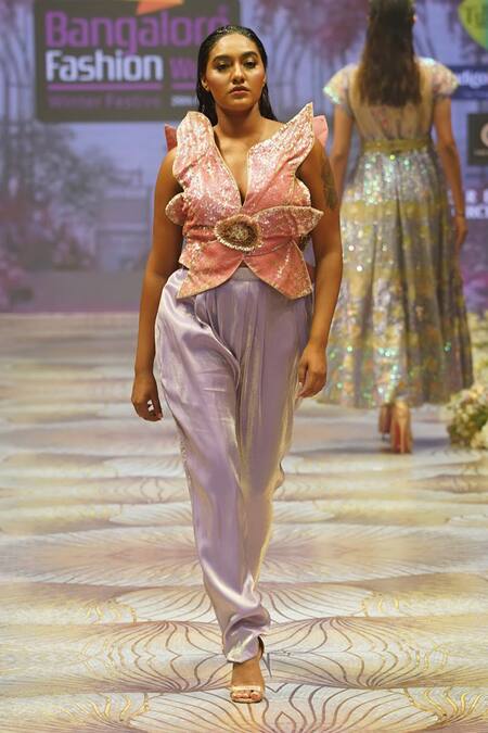 Rahul Singh_Pink Chanderi Silk Embroidery Asymmetric Floral Applique Top And Pant Set _Online_at_Aza_Fashions