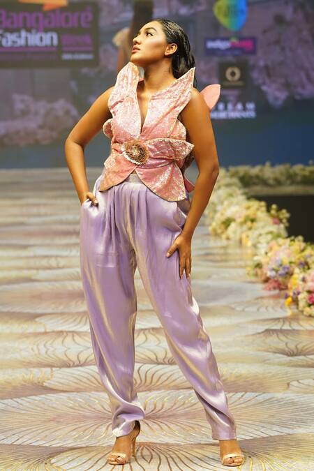 Buy_Rahul Singh_Pink Chanderi Silk Embroidery Asymmetric Floral Applique Top And Pant Set _Online_at_Aza_Fashions