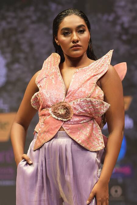 Shop_Rahul Singh_Pink Chanderi Silk Embroidery Asymmetric Floral Applique Top And Pant Set _Online_at_Aza_Fashions