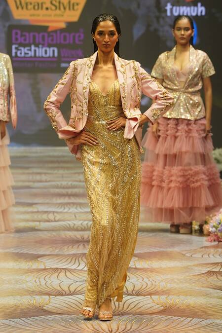 Rahul Singh_Gold Chanderi Silk Sequins, Beads Plunge Stripe Embroidered Dress With Jacket _Online_at_Aza_Fashions