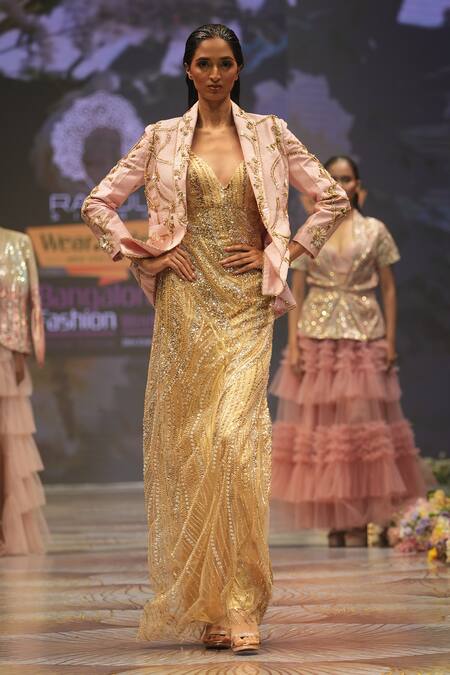 Buy_Rahul Singh_Gold Chanderi Silk Sequins, Beads Plunge Stripe Embroidered Dress With Jacket _Online_at_Aza_Fashions