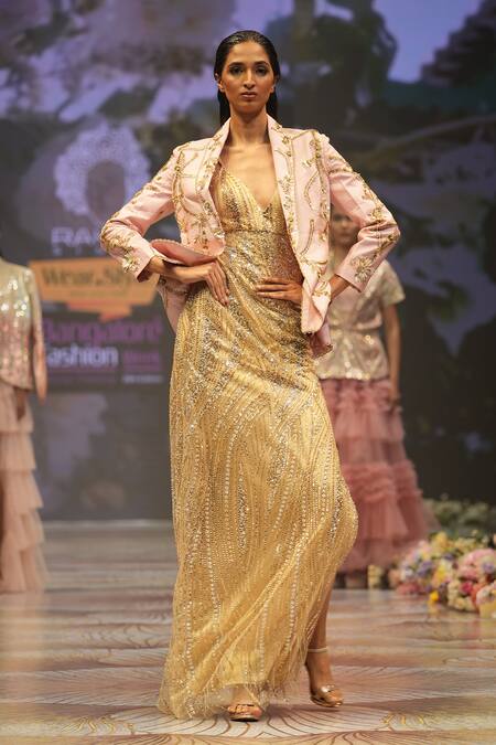 Shop_Rahul Singh_Gold Chanderi Silk Sequins, Beads Plunge Stripe Embroidered Dress With Jacket _Online_at_Aza_Fashions