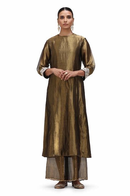 Mimamsaa Gold Tissue Silk Embroidered Bead Kala Metallic Anarkali With Sheer Panel Pant 