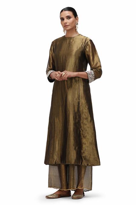 Shop_Mimamsaa_Gold Tissue, Silk Pearls, Sequins, Kala Metallic Anarkali With Sheer Panel Pant _Online_at_Aza_Fashions