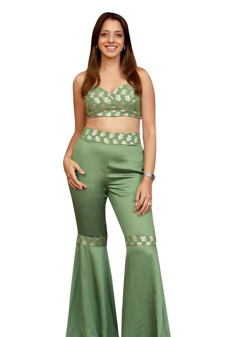 Zazu Green Polyester Embroidery Sweetheart Phool Woven Crop Top With Gharara Pant Online at Aza Fashions Zazu_Green Polyester Embroidery Sweetheart Phool Woven Crop Top With Gharara Pant_Online_at_Aza_Fashions