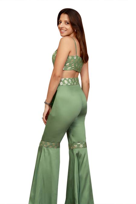 Shop Zazu Green Polyester Embroidery Sweetheart Phool Woven Crop Top With Gharara Pant Online at Aza Fashions Shop_Zazu_Green Polyester Embroidery Sweetheart Phool Woven Crop Top With Gharara Pant_Online_at_Aza_Fashions