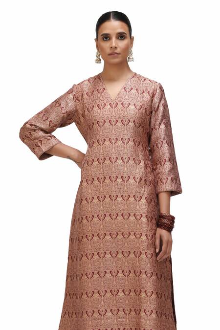 Shop_Mimamsaa_Red Brocade, Silk Embroidery Arisa Inverted Bird Motif Kurta And Flared Pant Set _Online_at_Aza_Fashions