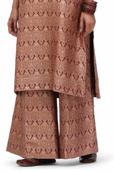 Mimamsaa Red Brocade, Silk Embroidery Arisa Inverted Bird Motif Kurta And Flared Pant Set at Aza Fashions Mimamsaa_Red Brocade, Silk Embroidery Arisa Inverted Bird Motif Kurta And Flared Pant Set _at_Aza_Fashions