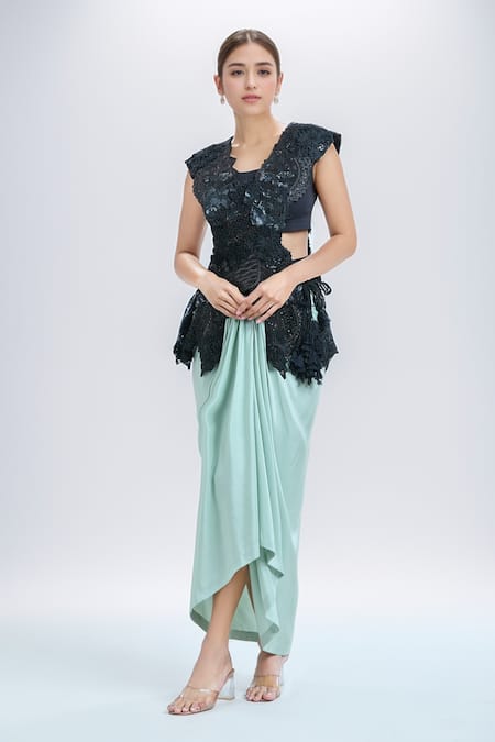 Anamika Khanna 3D Floral Embroidered Top With Draped Skirt 