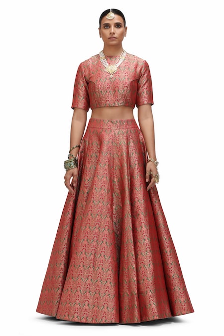 Buy_Mimamsaa_Red Brocade, Silk Embroidery High Neck Watsala Bird Motif Woven Lehenga Set 