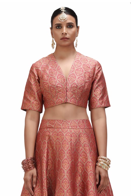 Buy_Mimamsaa_Red Brocade, Silk Embroidery, Soma Zameen And Alfi Motif Woven Lehenga Set 