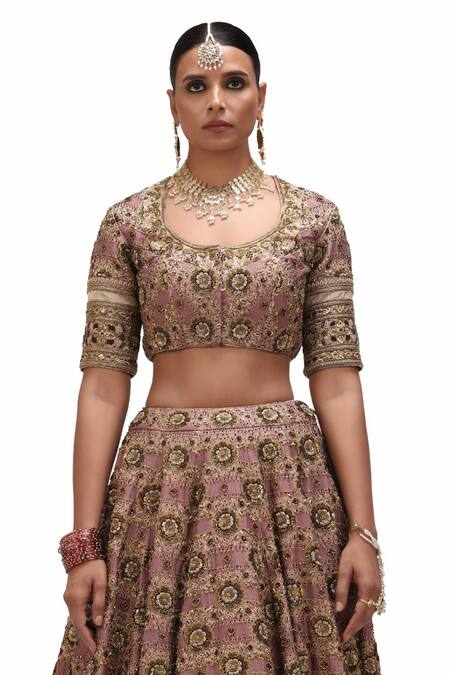 Shop_Mimamsaa_Purple Brocade Silk Embroidery Sequin Scoop Neck Channan Gul Bridal Lehenga Set 