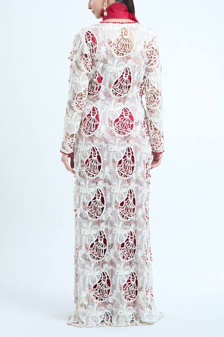 Shop Ridhima Bhasin Red Cotton, Silk Beads Open Neck, Embroidered Jacket And Pre-draped Saree Set at Aza Fashions Shop_Ridhima Bhasin_Red Cotton, Silk Beads Open Neck, Embroidered Jacket And Pre-draped Saree Set_at_Aza_Fashions