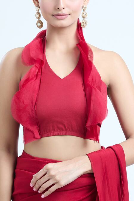 Ridhima Bhasin Red Cotton, Silk Beads Open Neck, Embroidered Jacket And Pre-draped Saree Set at Aza Fashions Ridhima Bhasin_Red Cotton, Silk Beads Open Neck, Embroidered Jacket And Pre-draped Saree Set_at_Aza_Fashions