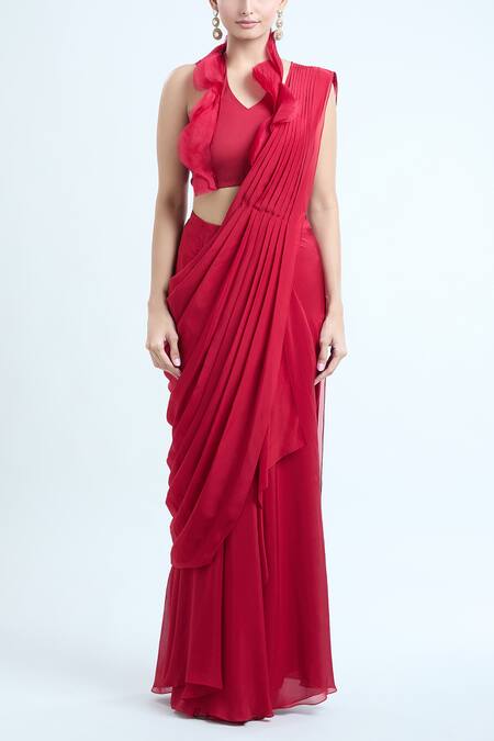 Ridhima Bhasin Red Cotton, Silk Beads Open Neck, Embroidered Jacket And Pre-draped Saree Set Online at Aza Fashions Ridhima Bhasin_Red Cotton, Silk Beads Open Neck, Embroidered Jacket And Pre-draped Saree Set_Online_at_Aza_Fashions