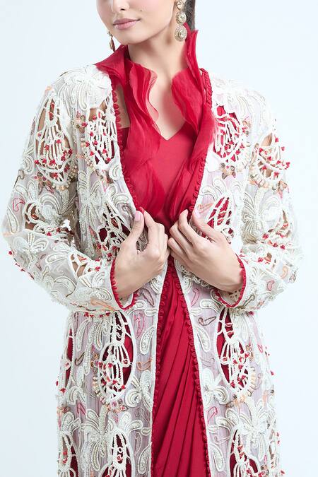 Shop Ridhima Bhasin Red Cotton, Silk Beads Open Neck, Embroidered Jacket And Pre-draped Saree Set Online at Aza Fashions Shop_Ridhima Bhasin_Red Cotton, Silk Beads Open Neck, Embroidered Jacket And Pre-draped Saree Set_Online_at_Aza_Fashions